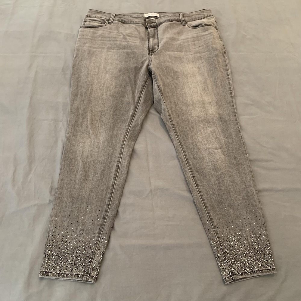 Lane Bryant Jeans Womens 18 Gray Med Wash Mid Rise Skinny Rhinestone Embellished